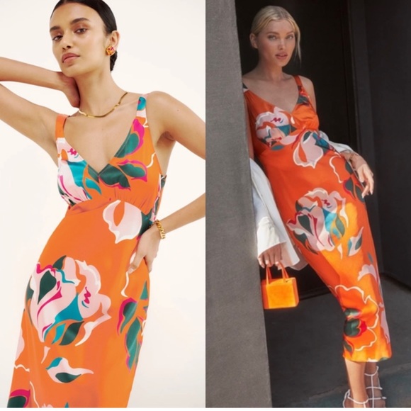 Reformation Daytona Silk Midi Dress Orang Floral Electra Size Medium
